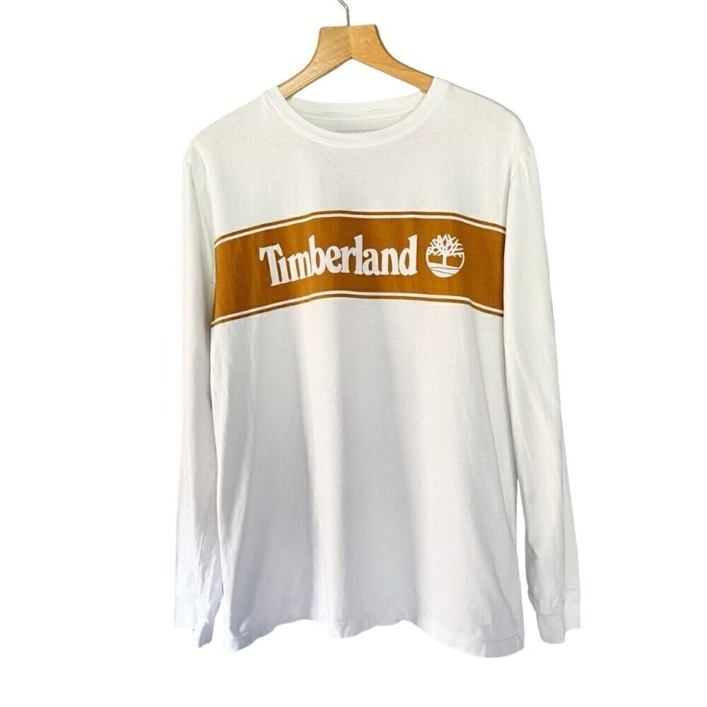 Timberland Mens Sz M White Long Sleeve Spell Out Graphic Pullover Tee Shirt